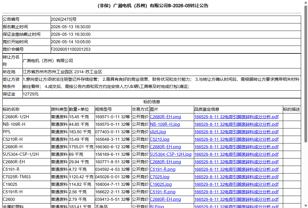 （非保）广濑电机（苏州）有限公司B-2026-05转让公告