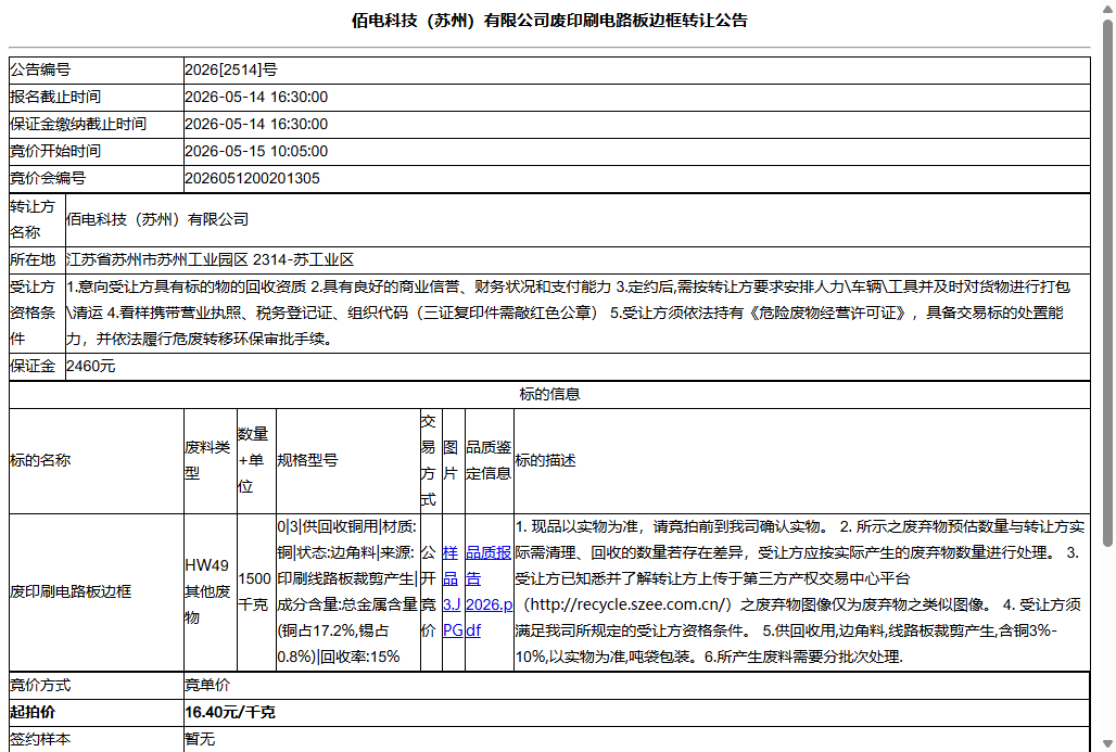 佰电科技（苏州）有限公司废印刷电路板边框转让公告