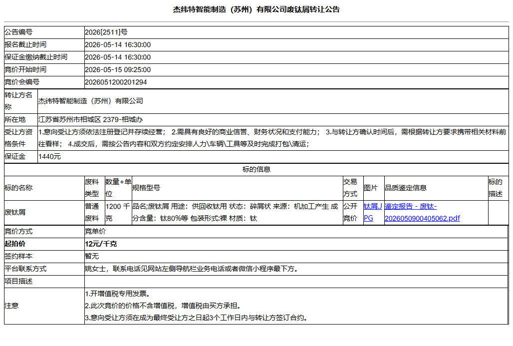 杰纬特智能制造（苏州）有限公司废钛屑转让公告