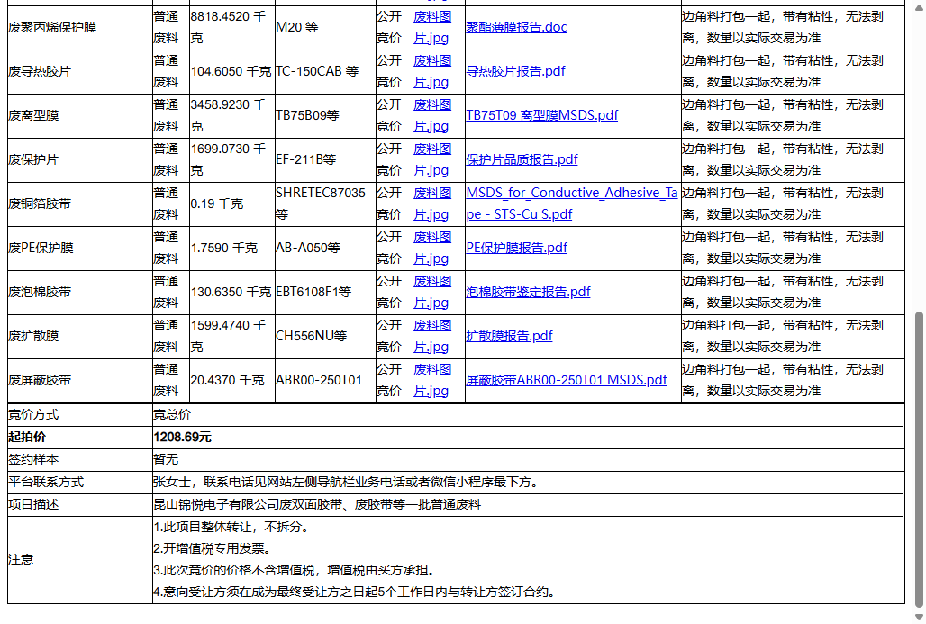 昆山锦悦电子有限公司废双面胶带、废胶带等一批普通废料转让公告