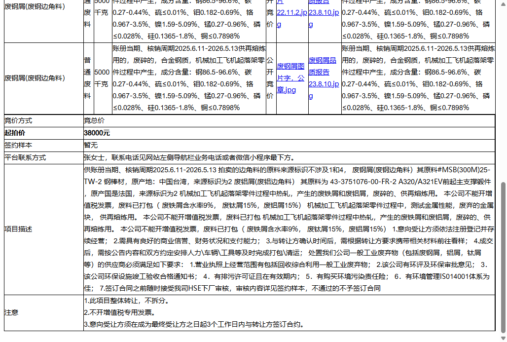 赛峰起落架系统（苏州）有限公司废钢屑(废钢边角料）转让公告