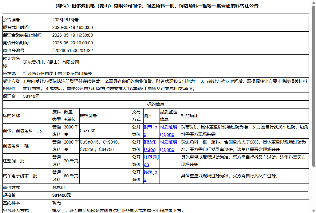 （非保）珀尔曼机电（昆山）有限公司铜带，铜边角料一批、铜边角料一框等一批普通废料转让公告