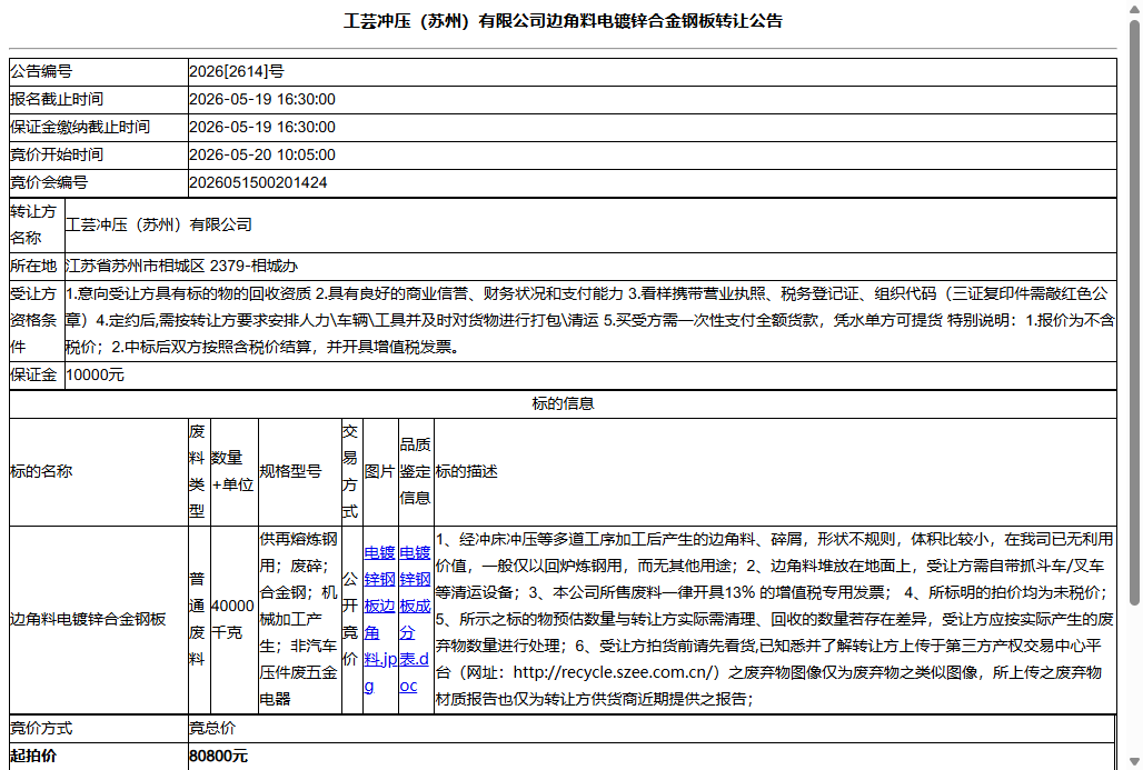 工芸冲压（苏州）有限公司边角料电镀锌合金钢板转让公告