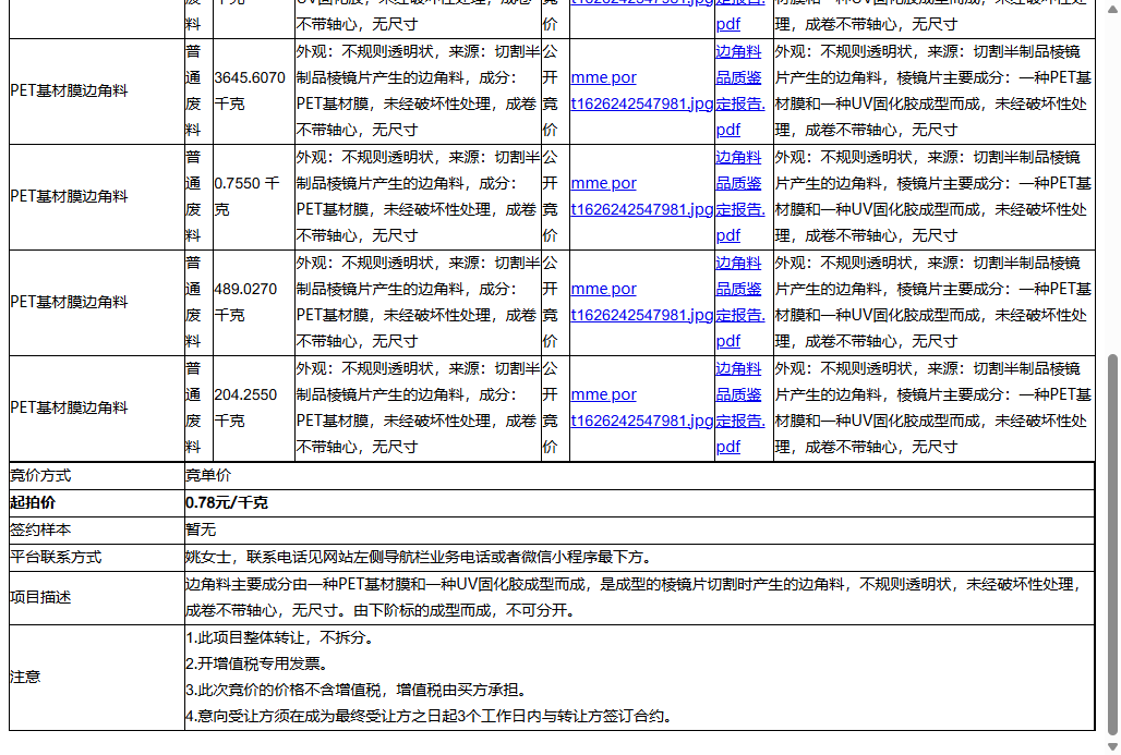 苏州斯坦雷电气有限公司PET基材膜边角料、UV固化胶边角料等一批普通废料转让公告