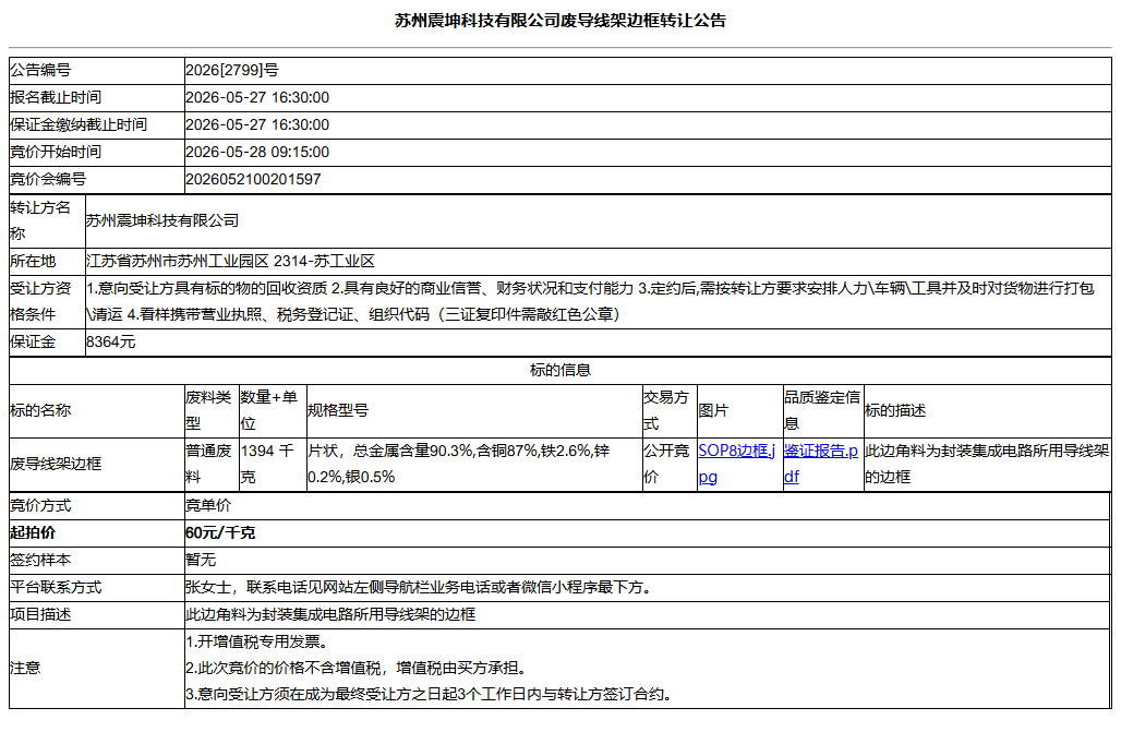 苏州震坤科技有限公司废导线架边框转让公告