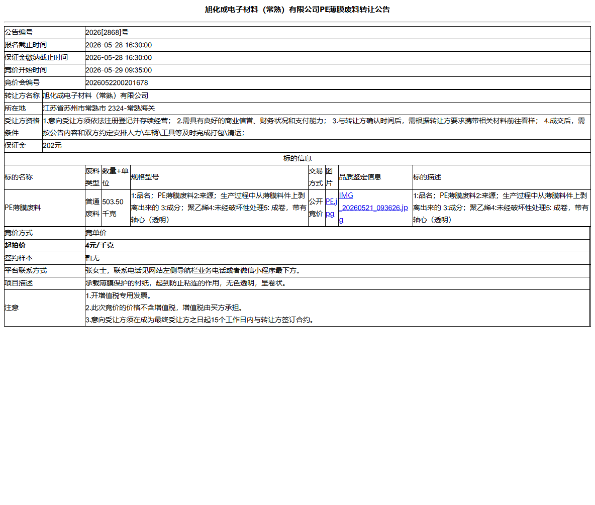 旭化成电子材料（常熟）有限公司PE薄膜废料转让公告