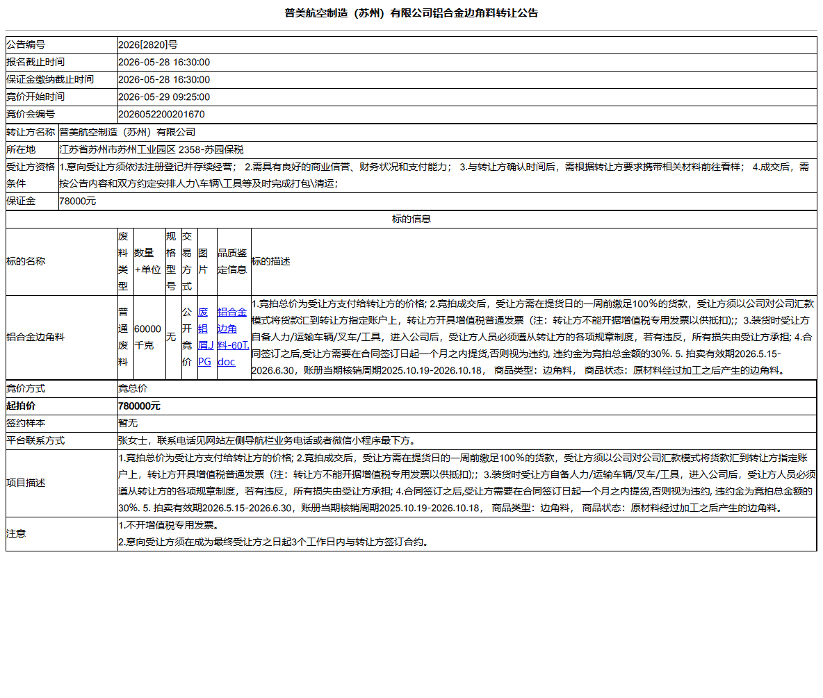 普美航空制造（苏州）有限公司铝合金边角料转让公告