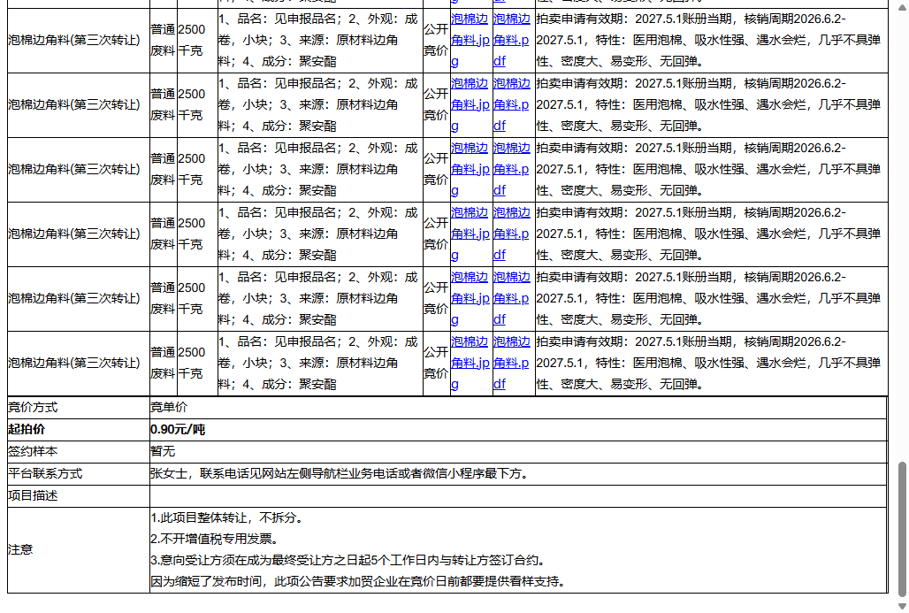 施乐辉医用产品（苏州）有限责任公司泡棉边角料、泡棉边角料等一批普通废料转让公告
