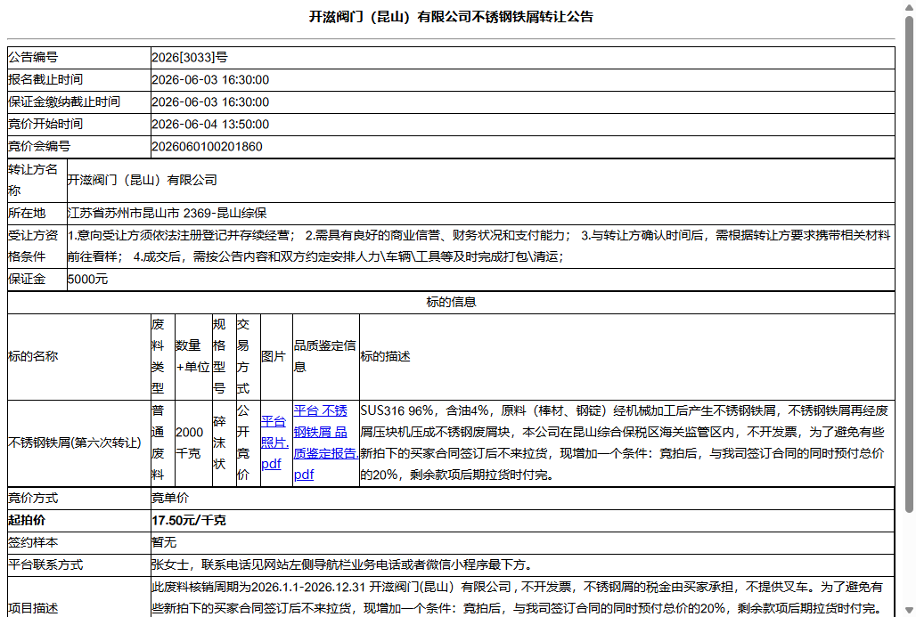 开滋阀门（昆山）有限公司不锈钢铁屑转让公告