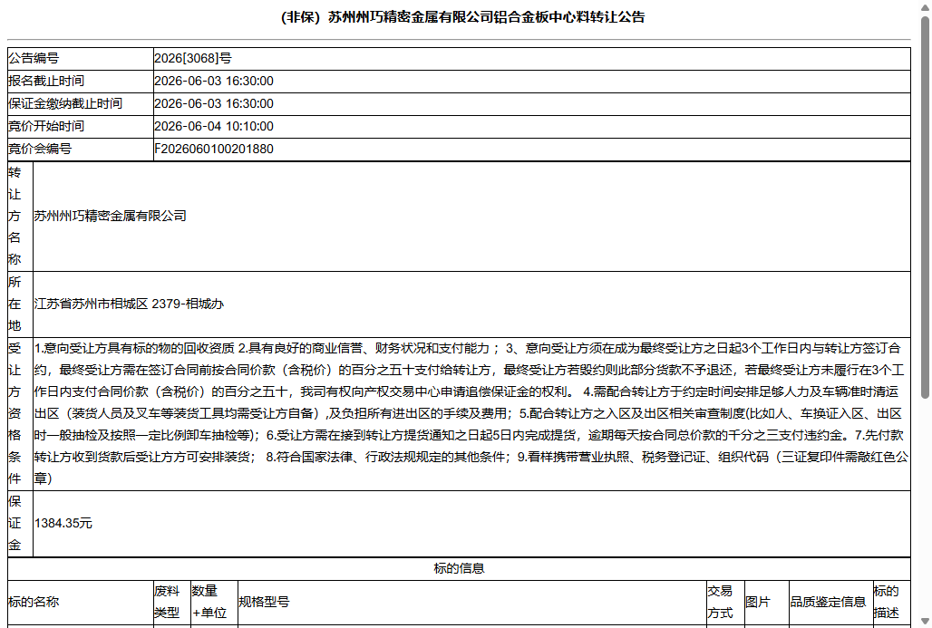 （非保）苏州州巧精密金属有限公司铝合金板中心料转让公告